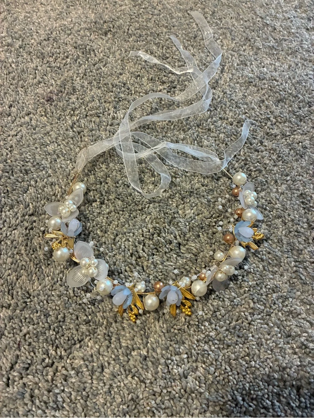 KissProm Girls Delicate Pearl & Blue Floral Bridal Headband